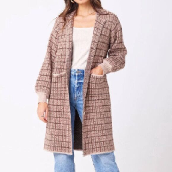 Saltwater Luxe Tan Brown Plaid Neutral Lorelei Long Duster Cardigan Jacket Small - Picture 1 of 6
